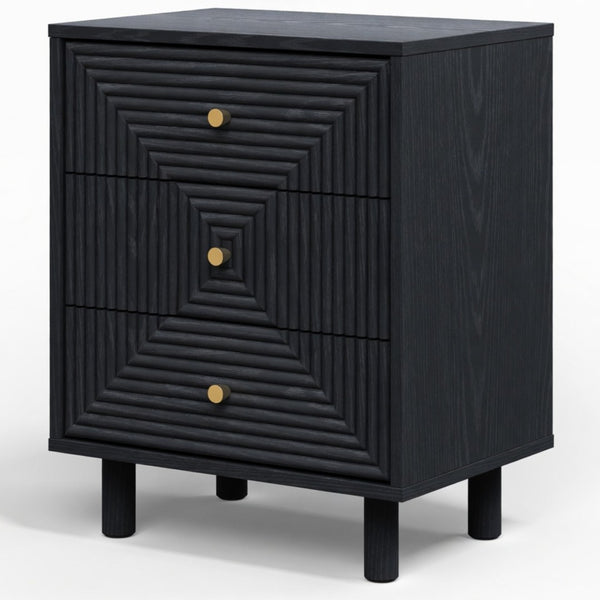 English Elm 18.7 Inch Matte Black Three Drawer Nightstand with Gold Knobs and Geometric Carved Fronts B082P529506