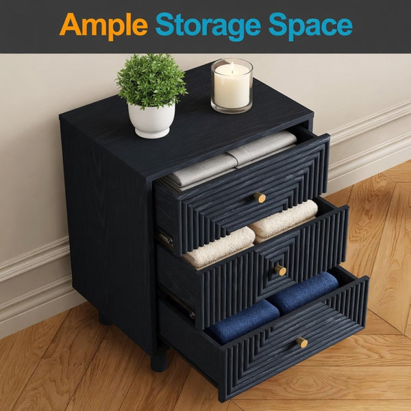 English Elm 18.7 Inch Matte Black Three Drawer Nightstand with Gold Knobs and Geometric Carved Fronts B082P529506
