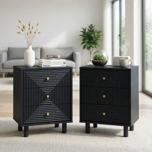 English Elm 18.7 Inch Matte Black Three Drawer Nightstand with Gold Knobs and Geometric Carved Fronts B082P529506