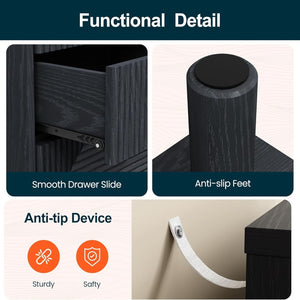 English Elm 18.7 Inch Matte Black Three Drawer Nightstand with Gold Knobs and Geometric Carved Fronts B082P529506