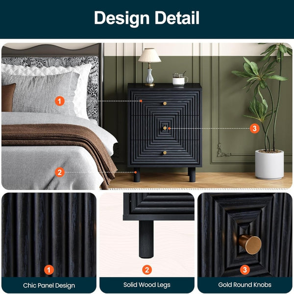 English Elm 18.7 Inch Matte Black Three Drawer Nightstand with Gold Knobs and Geometric Carved Fronts B082P529506