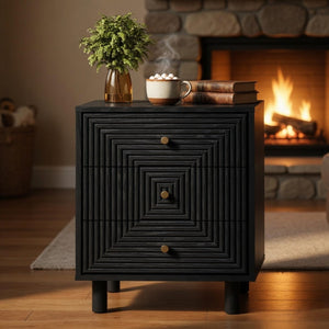 English Elm 18.7 Inch Matte Black Three Drawer Nightstand with Gold Knobs and Geometric Carved Fronts B082P529506