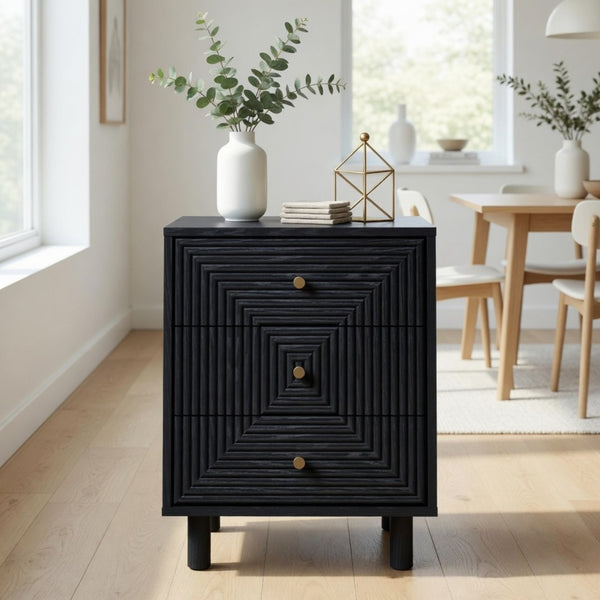 English Elm 18.7 Inch Matte Black Three Drawer Nightstand with Gold Knobs and Geometric Carved Fronts B082P529506