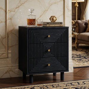English Elm 18.7 Inch Matte Black Three Drawer Nightstand with Gold Knobs and Geometric Carved Fronts B082P529506