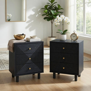 English Elm 18.7 Inch Matte Black Three Drawer Nightstand with Gold Knobs and Geometric Carved Fronts B082P529506
