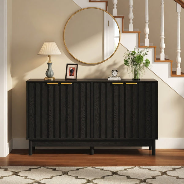 English Elm 55.12"wide Fluted Matte Buffet Cabinet with Gold Hardware and Adjustable Interior Shelving Black B082P529507
