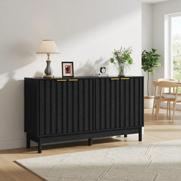 English Elm 55.12"wide Fluted Matte Buffet Cabinet with Gold Hardware and Adjustable Interior Shelving Black B082P529507