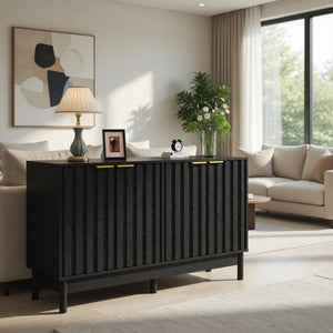 English Elm 55.12"wide Fluted Matte Buffet Cabinet with Gold Hardware and Adjustable Interior Shelving Black B082P529507