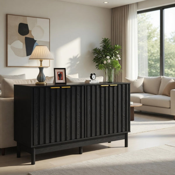 English Elm 55.12"wide Fluted Matte Buffet Cabinet with Gold Hardware and Adjustable Interior Shelving Black B082P529507