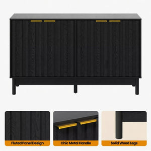 English Elm 55.12"wide Fluted Matte Buffet Cabinet with Gold Hardware and Adjustable Interior Shelving Black B082P529507