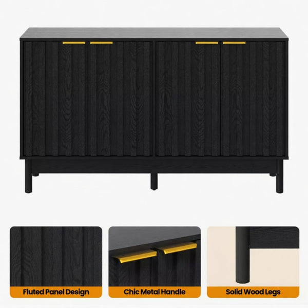 English Elm 55.12"wide Fluted Matte Buffet Cabinet with Gold Hardware and Adjustable Interior Shelving Black B082P529507