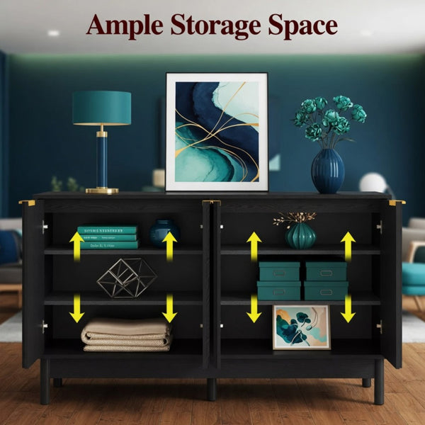 English Elm 55.12"wide Fluted Matte Buffet Cabinet with Gold Hardware and Adjustable Interior Shelving Black B082P529507