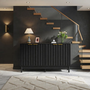 English Elm 55.12"wide Fluted Matte Buffet Cabinet with Gold Hardware and Adjustable Interior Shelving Black B082P529507
