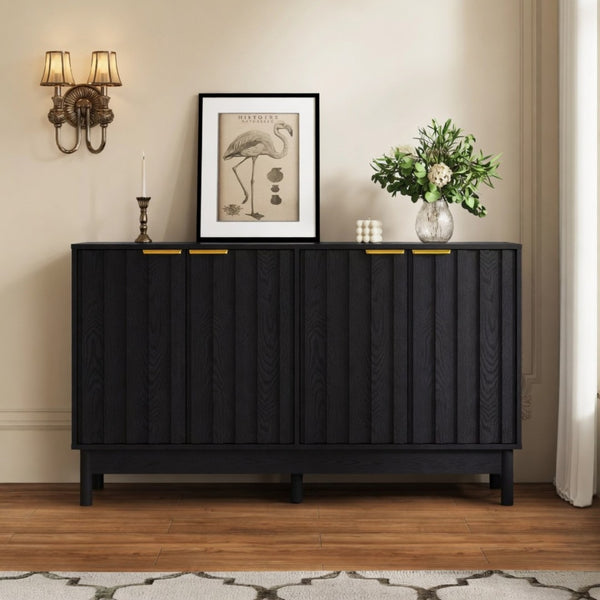 English Elm 55.12"wide Fluted Matte Buffet Cabinet with Gold Hardware and Adjustable Interior Shelving Black B082P529507