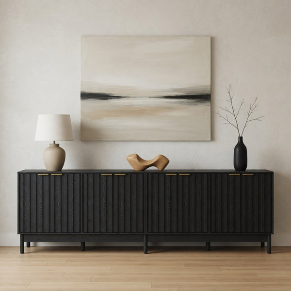 English Elm 55.12"wide Fluted Matte Buffet Cabinet with Gold Hardware and Adjustable Interior Shelving Black B082P529507