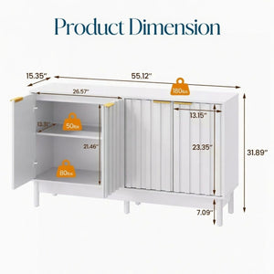 English Elm 55.12"wide Fluted Matte Buffet Cabinet with Gold Hardware and Adjustable Interior Shelving White B082P529508