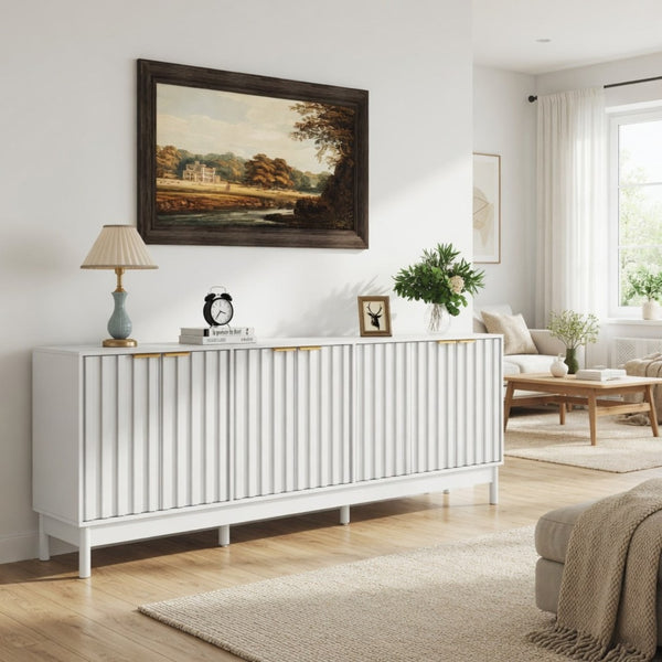 English Elm 55.12"wide Fluted Matte Buffet Cabinet with Gold Hardware and Adjustable Interior Shelving White B082P529508