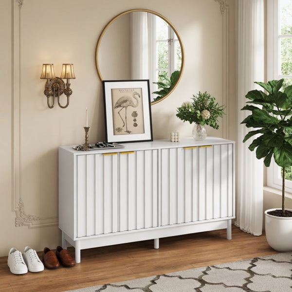 English Elm 55.12"wide Fluted Matte Buffet Cabinet with Gold Hardware and Adjustable Interior Shelving White B082P529508