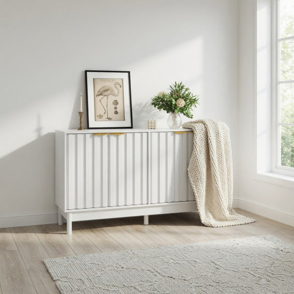 English Elm 55.12"wide Fluted Matte Buffet Cabinet with Gold Hardware and Adjustable Interior Shelving White B082P529508