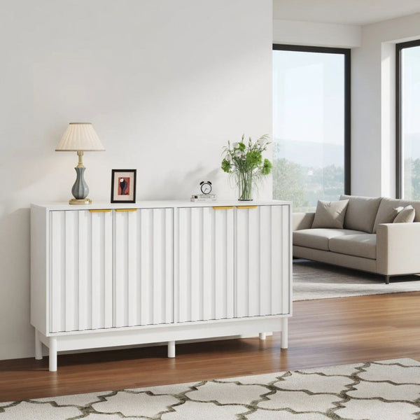 English Elm 55.12"wide Fluted Matte Buffet Cabinet with Gold Hardware and Adjustable Interior Shelving White B082P529508