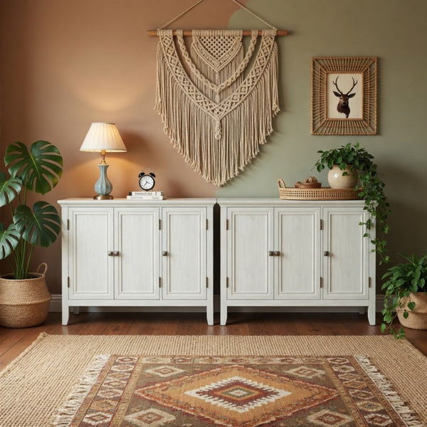 English Elm 47.2"wide Bohemian Buffet with Fluted Doors Antique Bronze Handles and Adjustable Shelves B082P529509
