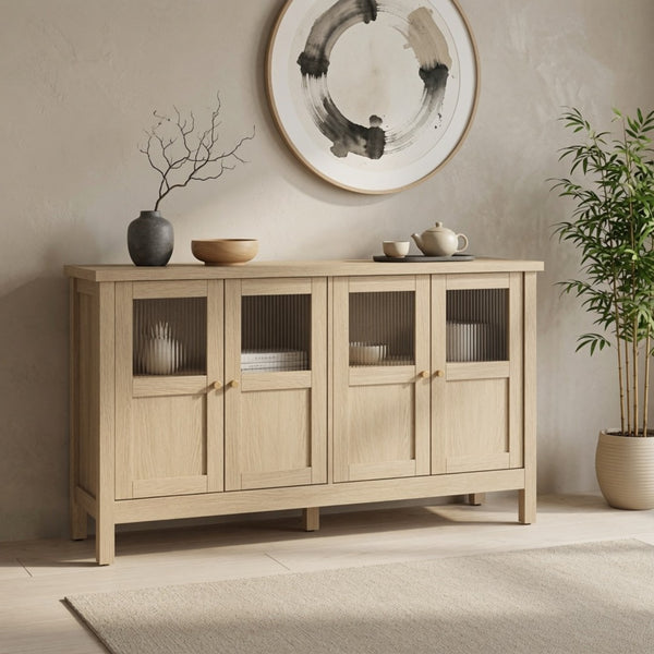 English Elm 55.1"wide Bohemian Natural Wood Sideboard with Acrylic Doors and Gold Handles B082P529511