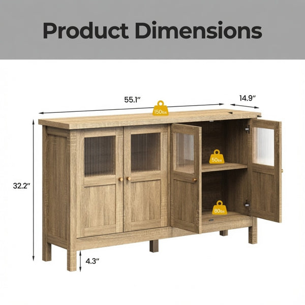 English Elm 55.1"wide Bohemian Natural Wood Sideboard with Acrylic Doors and Gold Handles B082P529511