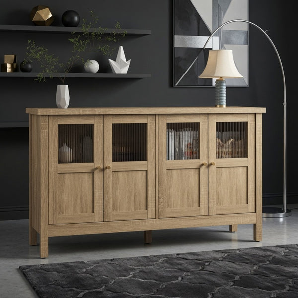 English Elm 55.1"wide Bohemian Natural Wood Sideboard with Acrylic Doors and Gold Handles B082P529511