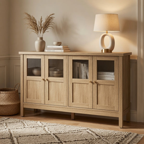 English Elm 55.1"wide Bohemian Natural Wood Sideboard with Acrylic Doors and Gold Handles B082P529511