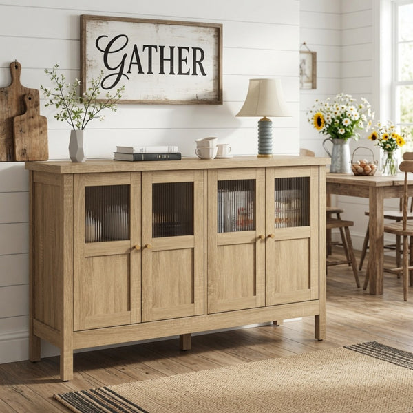 English Elm 55.1"wide Bohemian Natural Wood Sideboard with Acrylic Doors and Gold Handles B082P529511