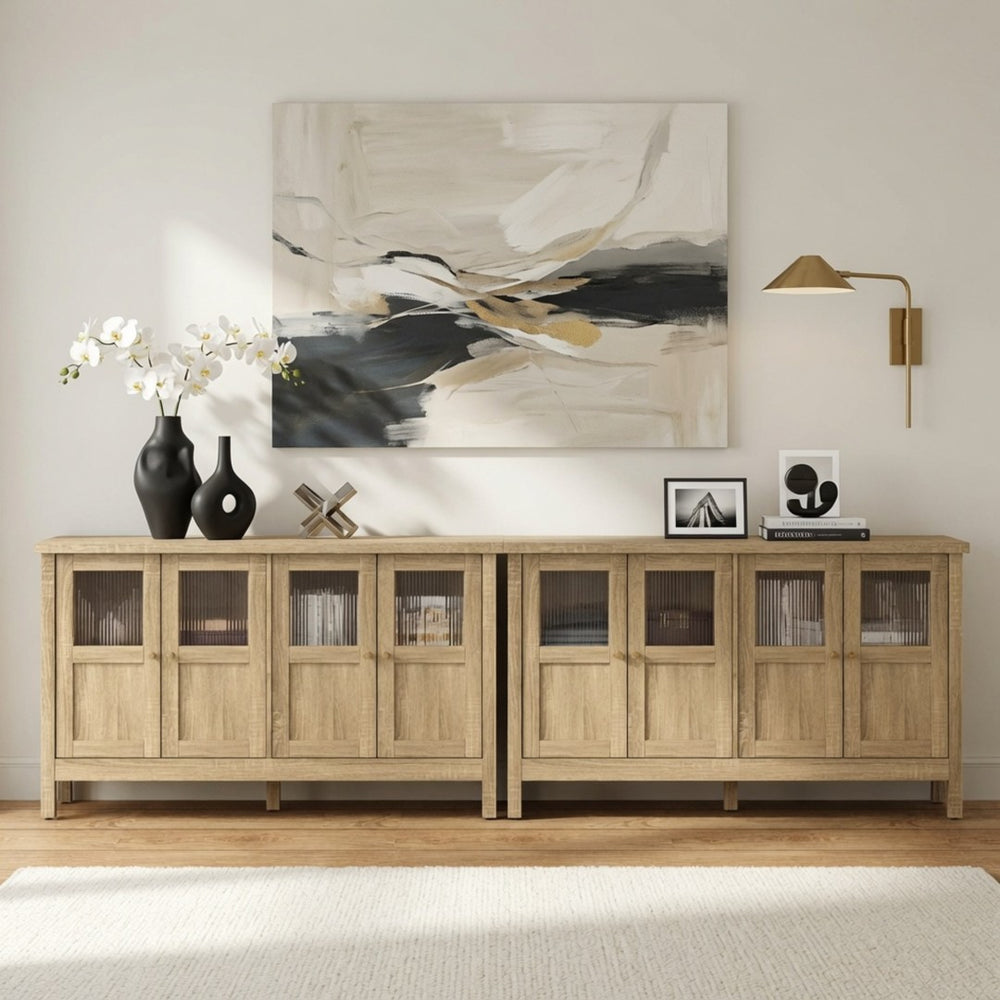 English Elm 55.1"wide Bohemian Natural Wood Sideboard with Acrylic Doors and Gold Handles B082P529511