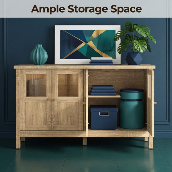 English Elm 55.1"wide Bohemian Natural Wood Sideboard with Acrylic Doors and Gold Handles B082P529511
