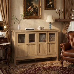 English Elm 55.1"wide Bohemian Natural Wood Sideboard with Acrylic Doors and Gold Handles B082P529511