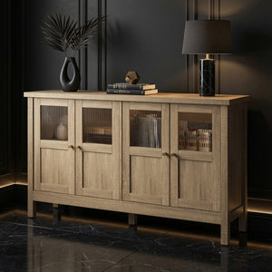 English Elm 55.1"wide Bohemian Natural Wood Sideboard with Acrylic Doors and Gold Handles B082P529511