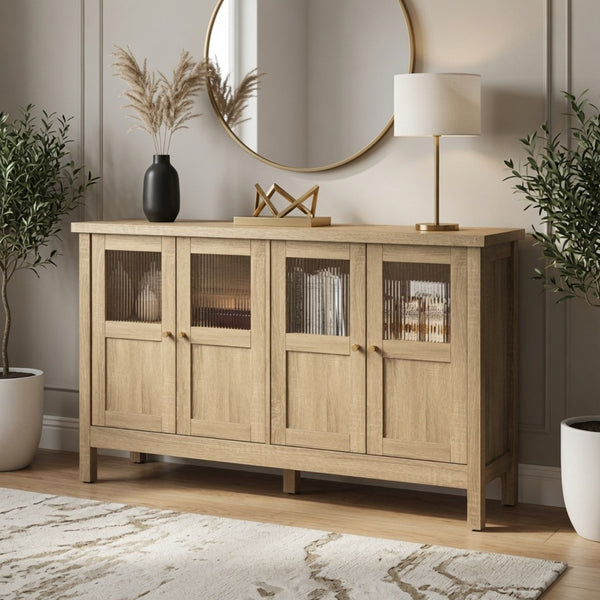 English Elm 55.1"wide Bohemian Natural Wood Sideboard with Acrylic Doors and Gold Handles B082P529511