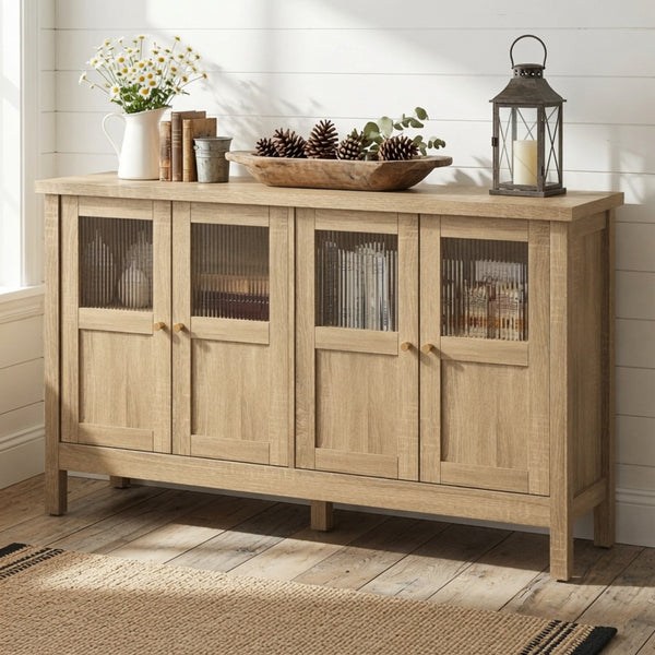 English Elm 55.1"wide Bohemian Natural Wood Sideboard with Acrylic Doors and Gold Handles B082P529511