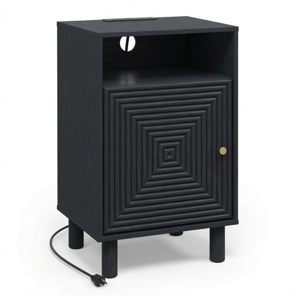 English Elm 15.7 Inch Matte Black Nightstand with Charging Station Solid Wood Legs Gold Knob B082P529513