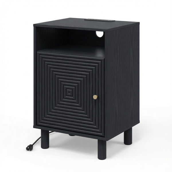 English Elm 15.7 Inch Matte Black Nightstand with Charging Station Solid Wood Legs Gold Knob B082P529513