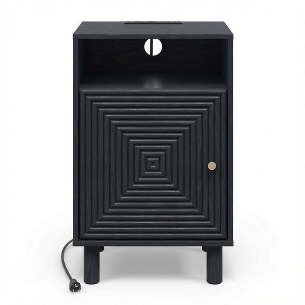 English Elm 15.7 Inch Matte Black Nightstand with Charging Station Solid Wood Legs Gold Knob B082P529513
