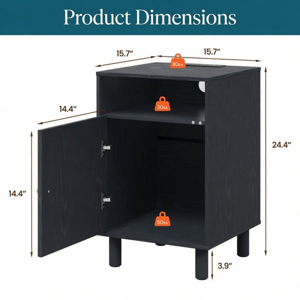 English Elm 15.7 Inch Matte Black Nightstand with Charging Station Solid Wood Legs Gold Knob B082P529513