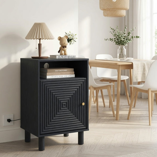 English Elm 15.7 Inch Matte Black Nightstand with Charging Station Solid Wood Legs Gold Knob B082P529513