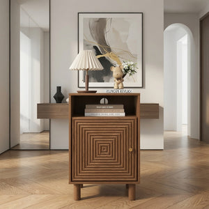 English Elm 15.7 Inch Brown Nightstand with Charging Station Solid Wood Legs and Open Shelf B082P529514