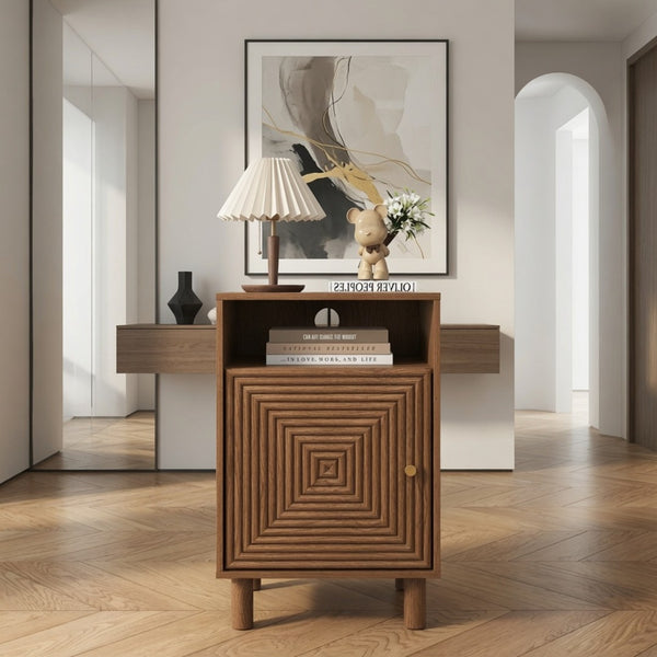 English Elm 15.7 Inch Brown Nightstand with Charging Station Solid Wood Legs and Open Shelf B082P529514