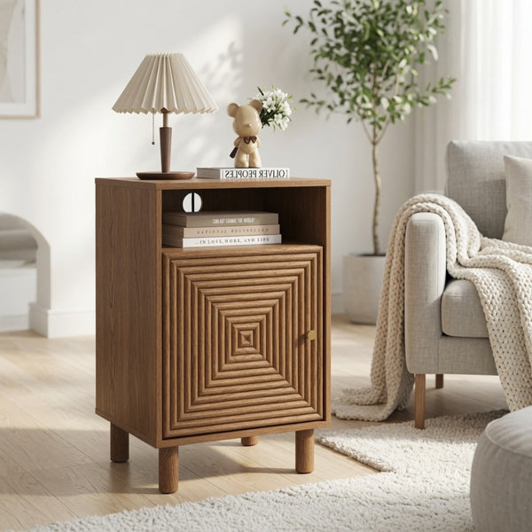 English Elm 15.7 Inch Brown Nightstand with Charging Station Solid Wood Legs and Open Shelf B082P529514