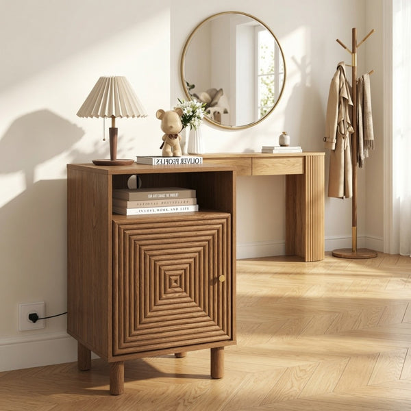 English Elm 15.7 Inch Brown Nightstand with Charging Station Solid Wood Legs and Open Shelf B082P529514