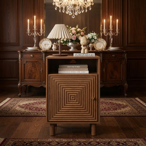 English Elm 15.7 Inch Brown Nightstand with Charging Station Solid Wood Legs and Open Shelf B082P529514