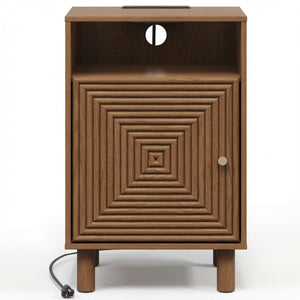 English Elm 15.7 Inch Brown Nightstand with Charging Station Solid Wood Legs and Open Shelf B082P529514