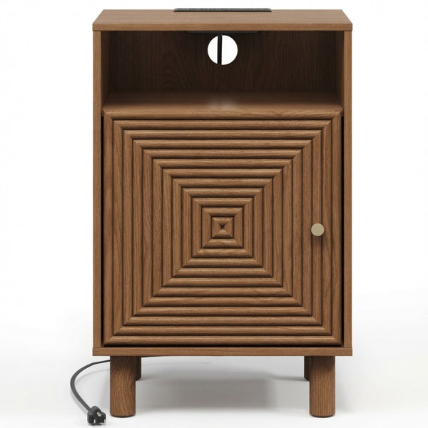 English Elm 15.7 Inch Brown Nightstand with Charging Station Solid Wood Legs and Open Shelf B082P529514