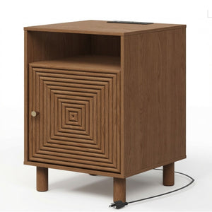 English Elm 15.7 Inch Brown Nightstand with Charging Station Solid Wood Legs and Open Shelf B082P529514