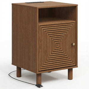 English Elm 15.7 Inch Brown Nightstand with Charging Station Solid Wood Legs and Open Shelf B082P529514